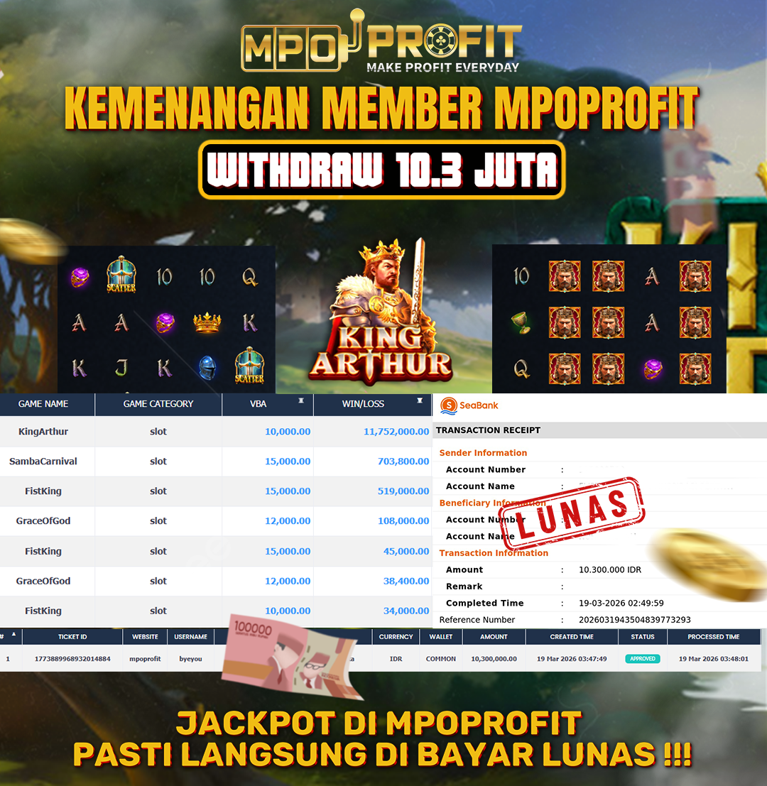 MPOPROFIT JACKPOT SLOT WONWON! KEMENANGAN MURNI DI (KING ARTHUR TOTAL RP. 10.300.000,- LUNAS)